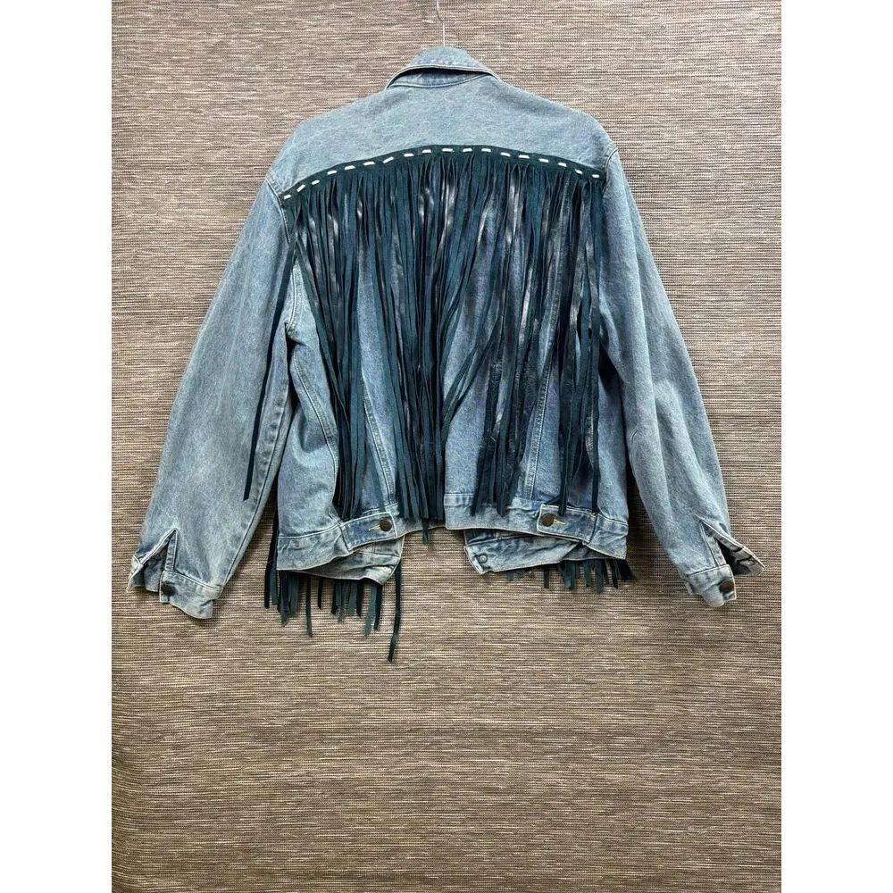 Vintage Guess Denim Jacket Mens XL Blue Fringe Western Biker Made In USA 80s